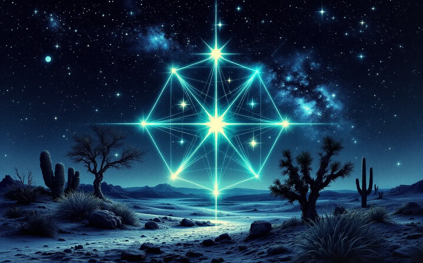 Engraved desert-night almanac plate showing the four KLOW peptides as four colored constellation stars connected by dotted hairlines around an empty center